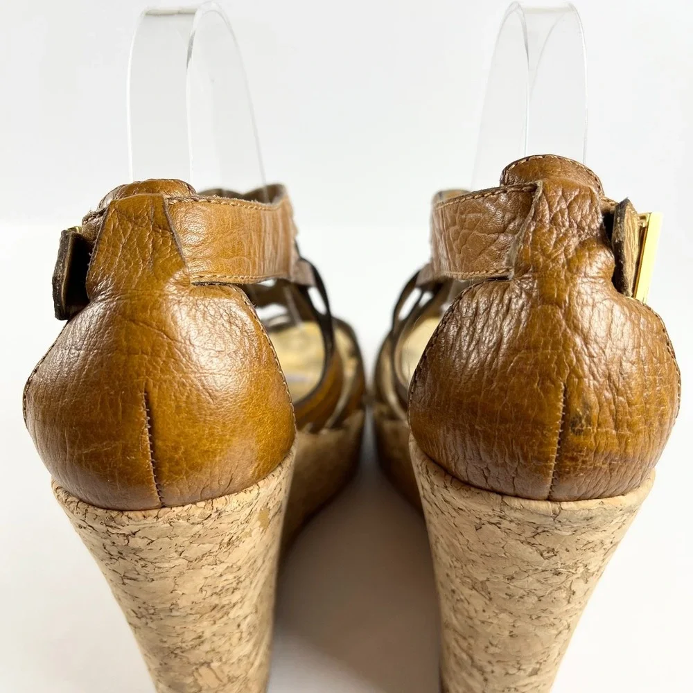 TORY BURCH Anamarte Brown Cork Wedge Platform Sandals Size‎ 9.5 M Leather Buckle
